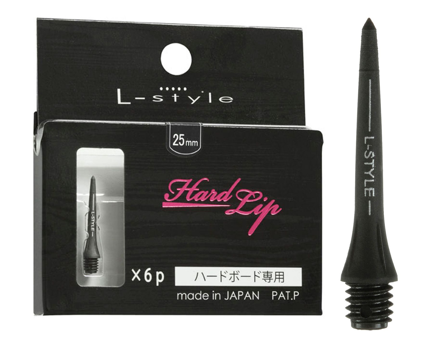 Das Bild zeigt eine Packung mit "Hard Lip Steel Points (6 Stk) Conversion Points - 25 mm" von L-style. Neben der Verpackung ist einer der schwarzen Conversion Points abgebildet.